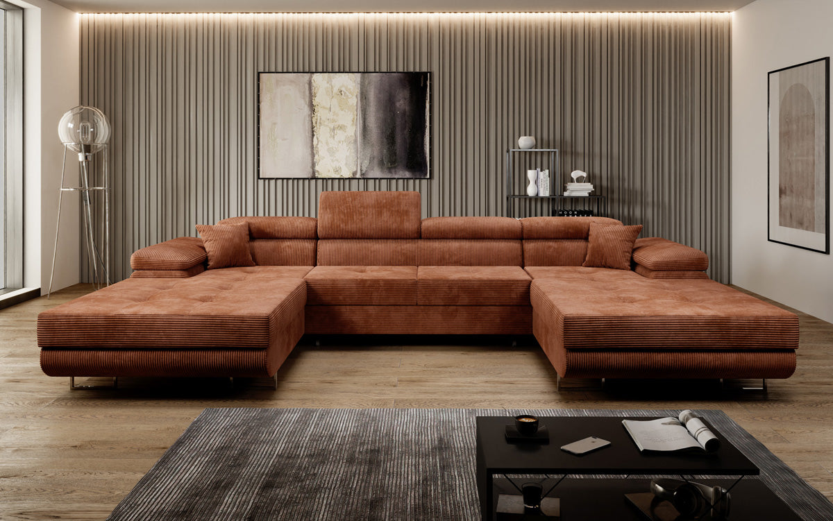 Canapé designer Calvera U avec fonction couchage et rabattable en Côtelé