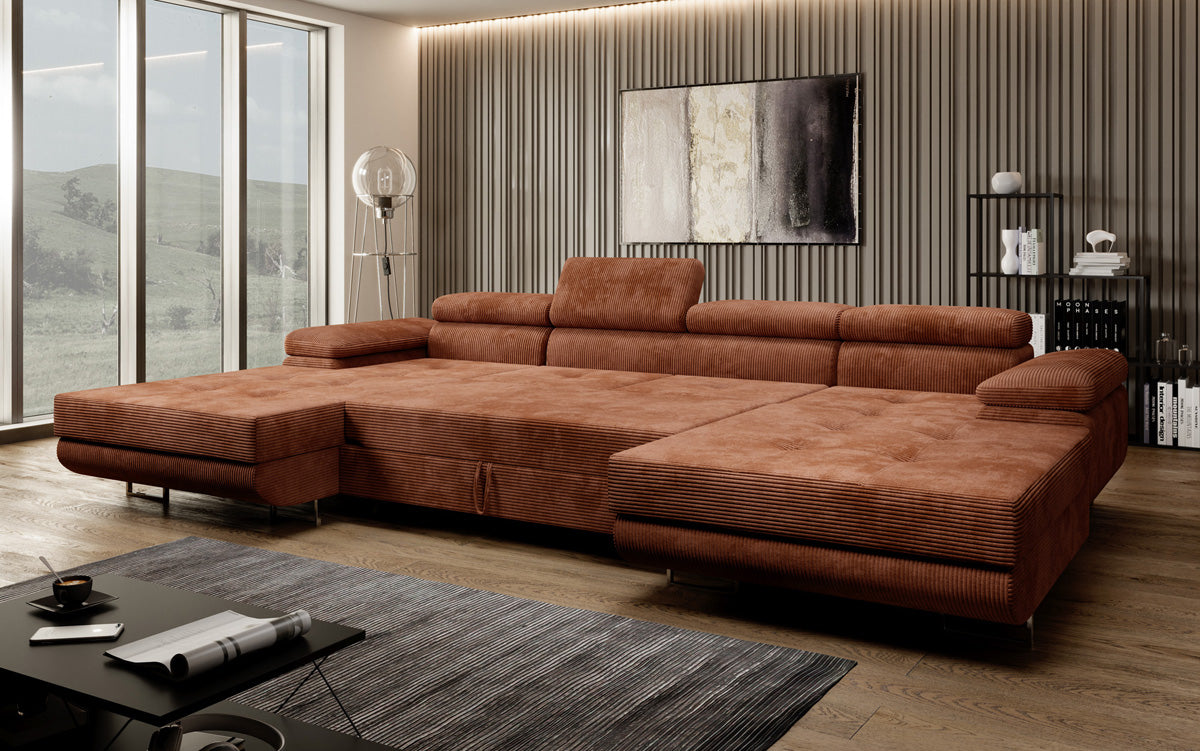 Canapé designer Calvera U avec fonction couchage et rabattable en Côtelé