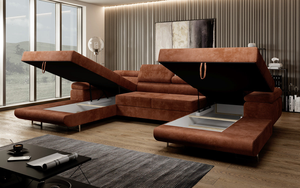Canapé designer Calvera U avec fonction couchage et rabattable en Côtelé