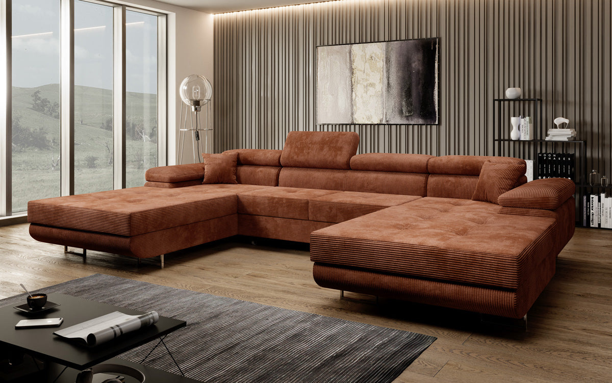Canapé designer Calvera U avec fonction couchage et rabattable en Côtelé