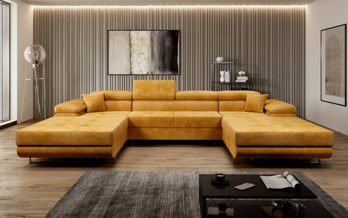Canapé designer Calvera U avec fonction couchage et rabattable en Côtelé