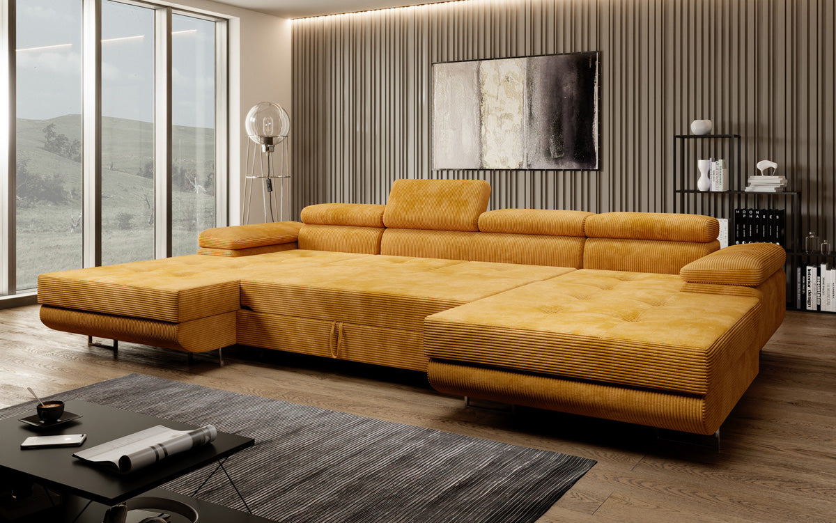 Canapé designer Calvera U avec fonction couchage et rabattable en Côtelé