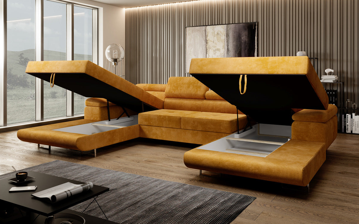 Canapé designer Calvera U avec fonction couchage et rabattable en Côtelé