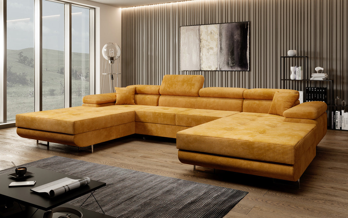 Canapé designer Calvera U avec fonction couchage et rabattable en Côtelé