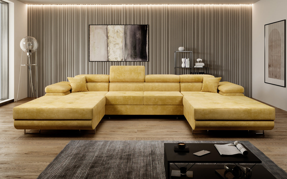 Canapé designer Calvera U avec fonction couchage et rabattable en Côtelé