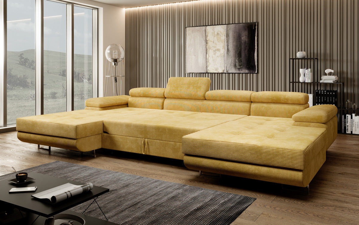 Canapé designer Calvera U avec fonction couchage et rabattable en Côtelé