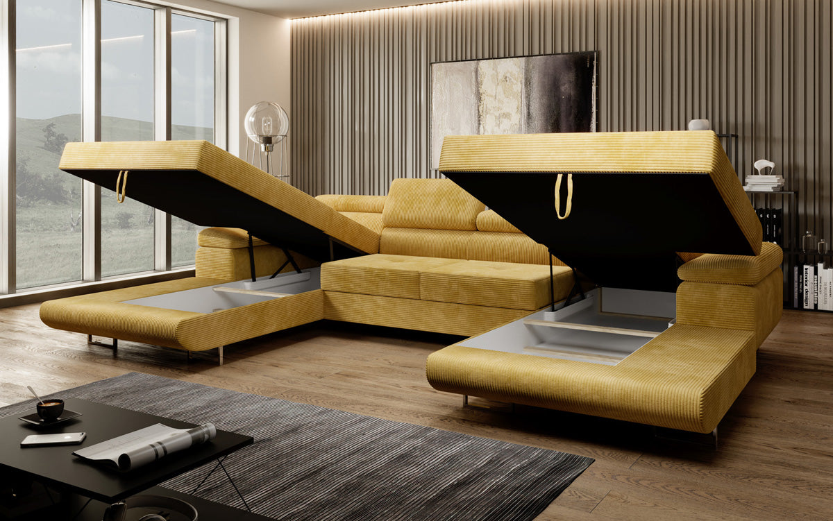 Canapé designer Calvera U avec fonction couchage et rabattable en Côtelé