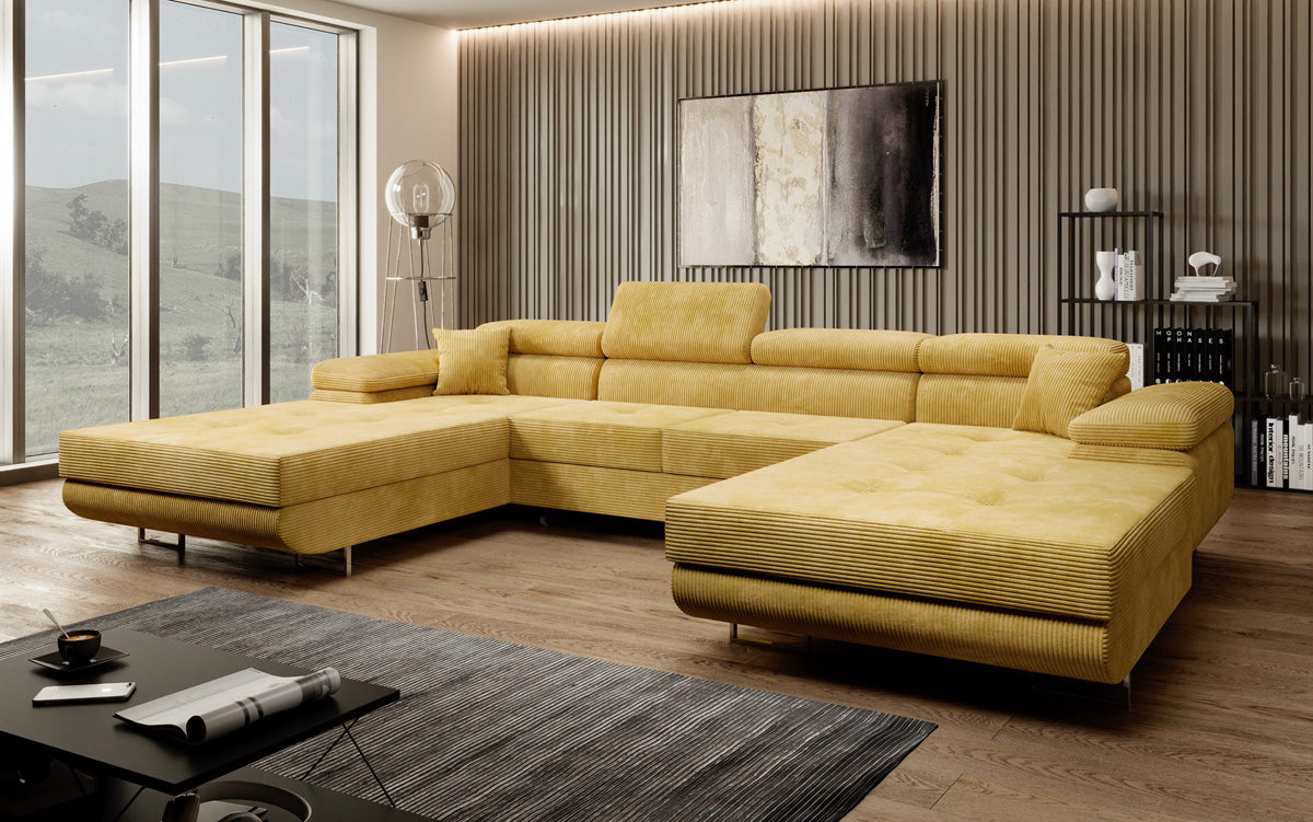 Canapé designer Calvera U avec fonction couchage et rabattable en Côtelé