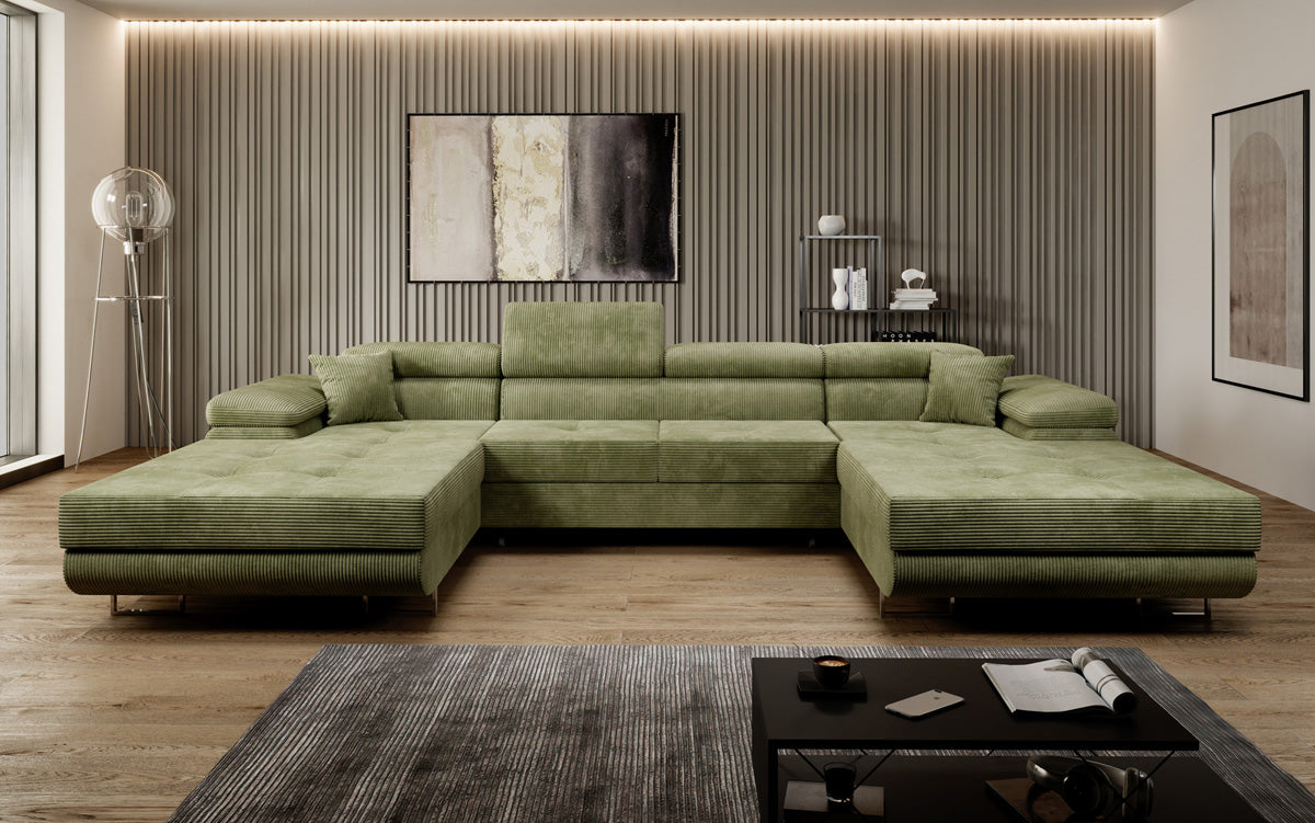 Canapé designer Calvera U avec fonction couchage et rabattable en Côtelé