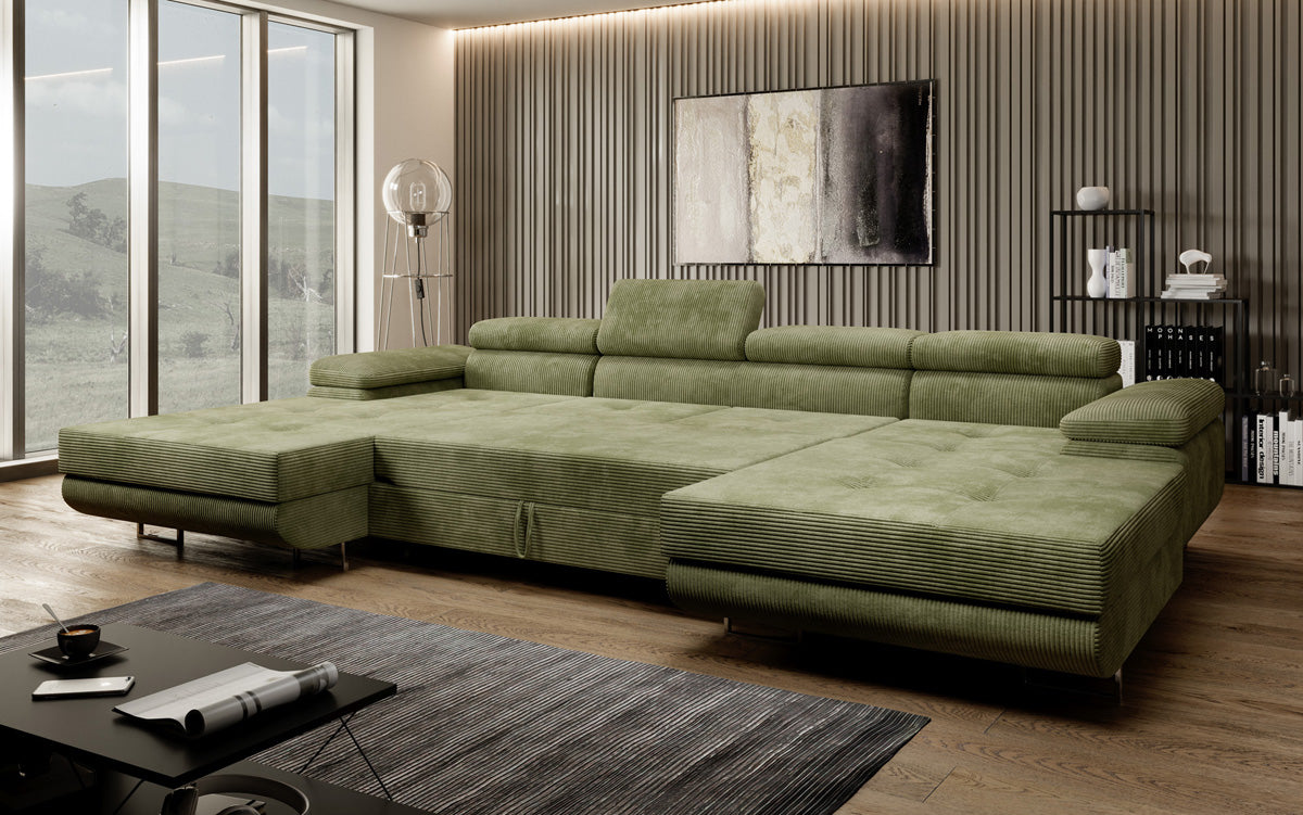 Canapé designer Calvera U avec fonction couchage et rabattable en Côtelé