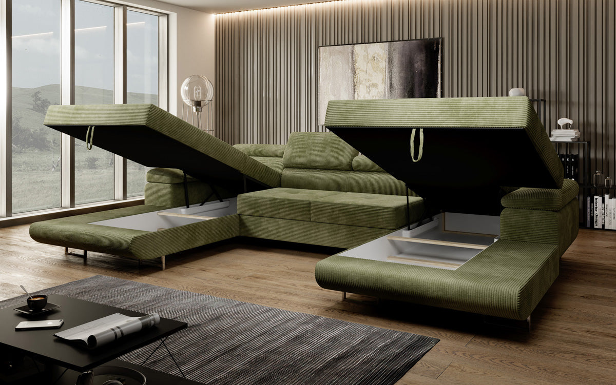 Canapé designer Calvera U avec fonction couchage et rabattable en Côtelé