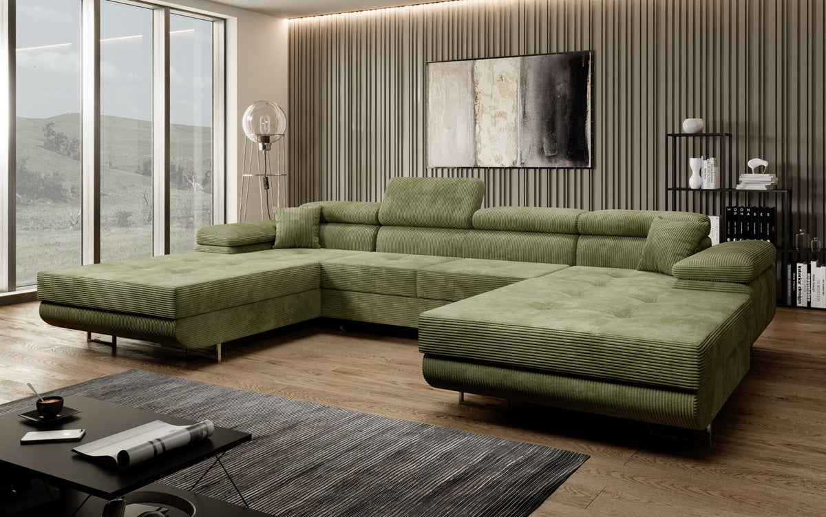 Canapé designer Calvera U avec fonction couchage et rabattable en Côtelé