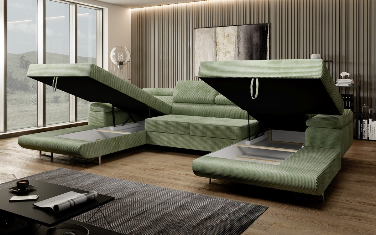 Canapé designer Calvera U avec fonction couchage et rabattable en Côtelé