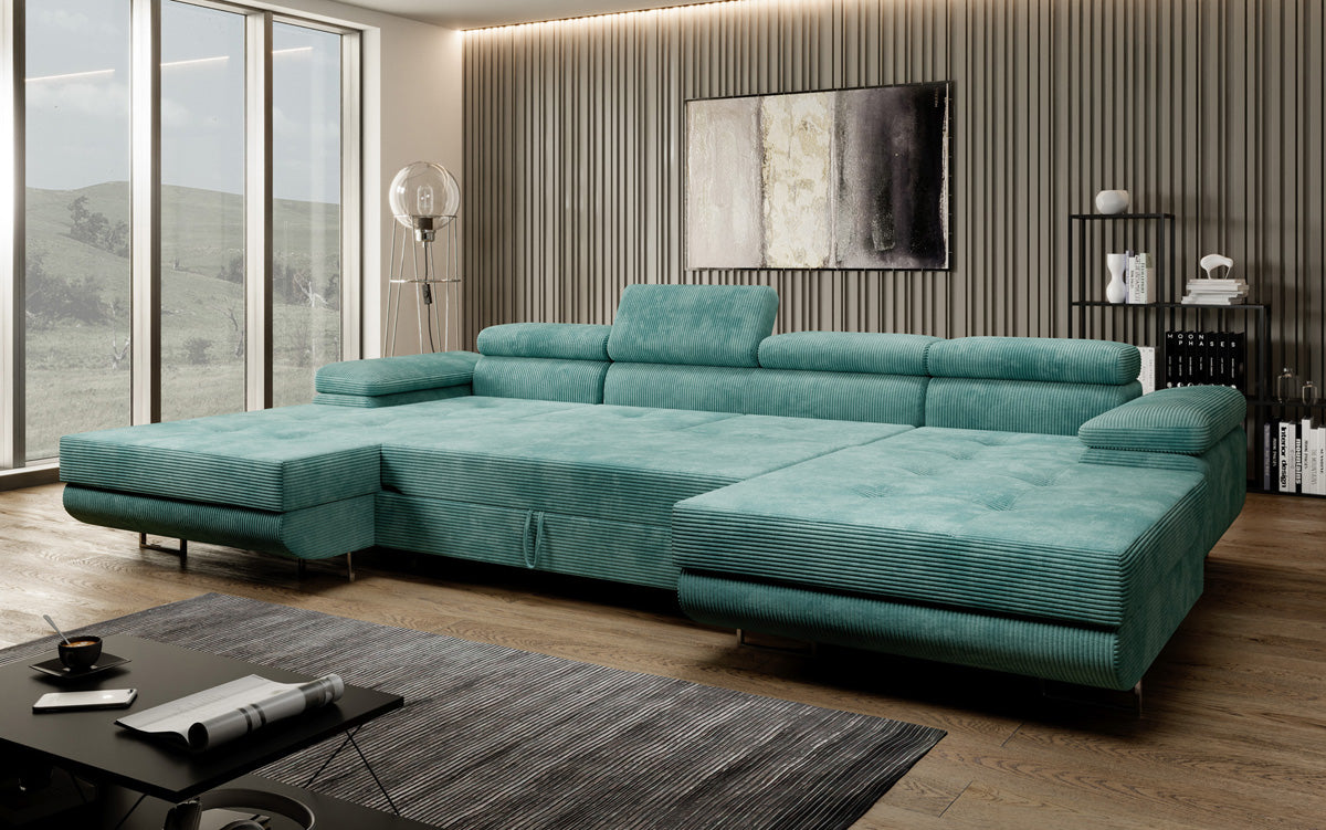 Canapé designer Calvera U avec fonction couchage et rabattable en Côtelé