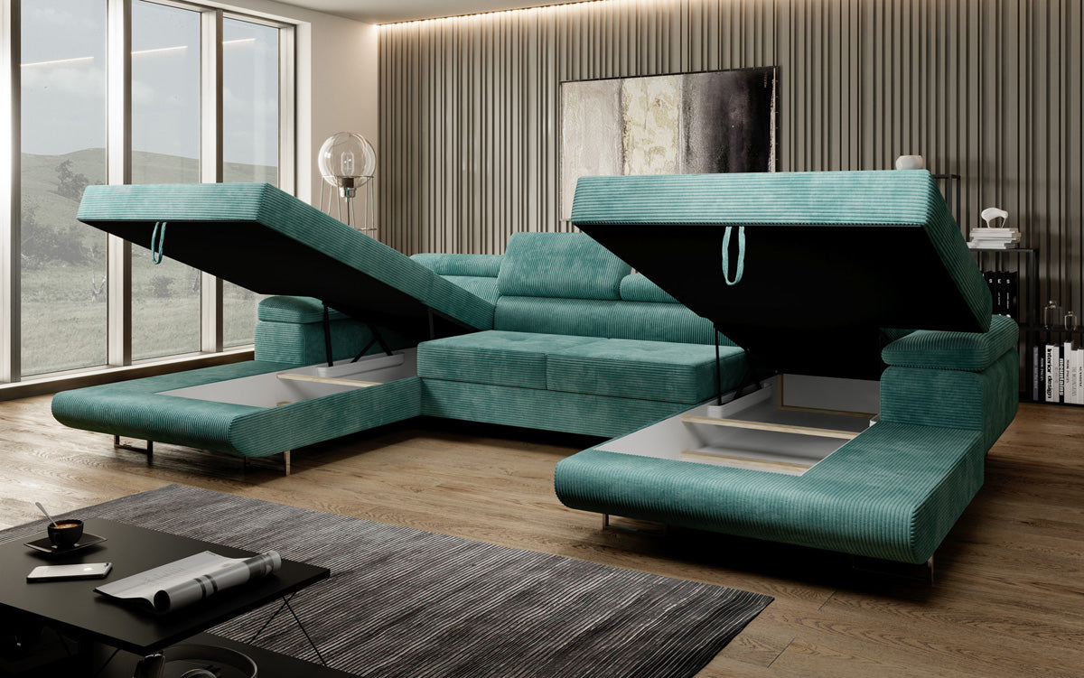 Canapé designer Calvera U avec fonction couchage et rabattable en Côtelé
