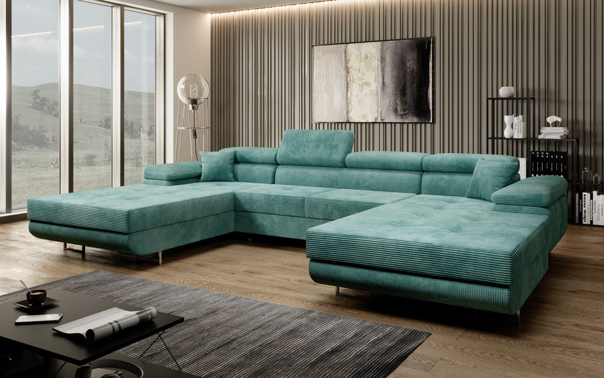 Canapé designer Calvera U avec fonction couchage et rabattable en Côtelé