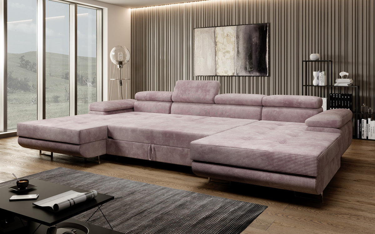 Canapé designer Calvera U avec fonction couchage et rabattable en Côtelé