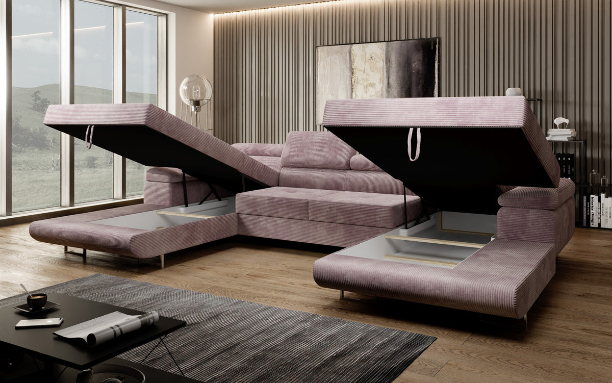Canapé designer Calvera U avec fonction couchage et rabattable en Côtelé