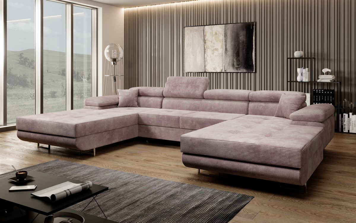 Canapé designer Calvera U avec fonction couchage et rabattable en Côtelé