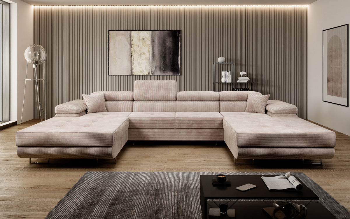 Canapé designer Calvera U avec fonction couchage et rabattable en Côtelé