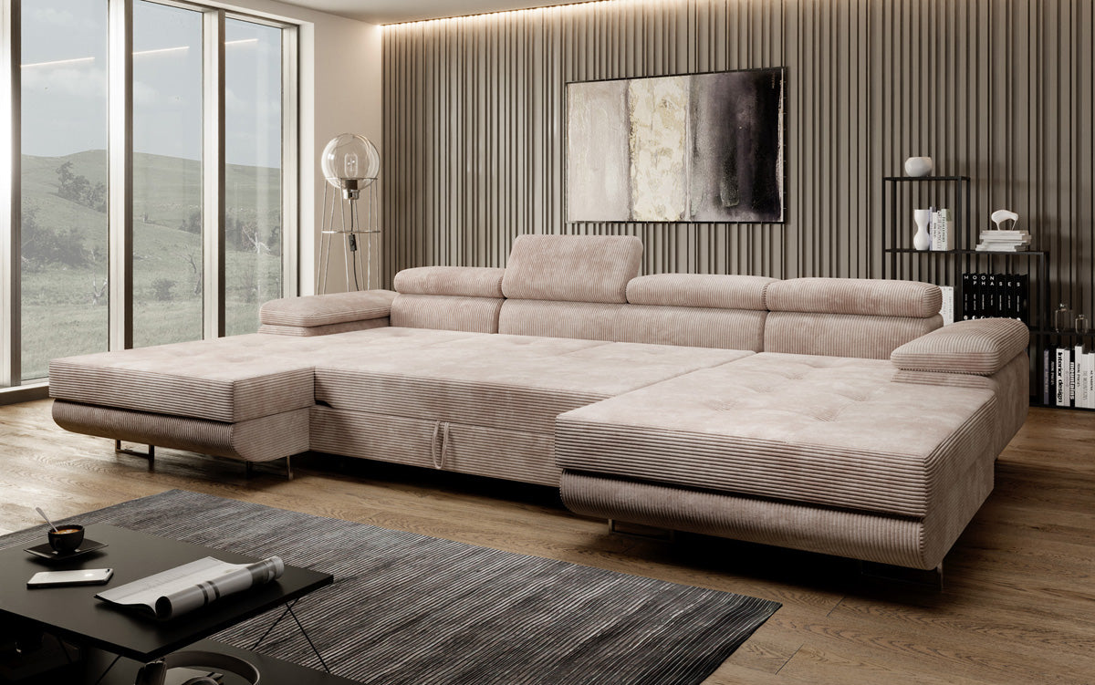 Canapé designer Calvera U avec fonction couchage et rabattable en Côtelé