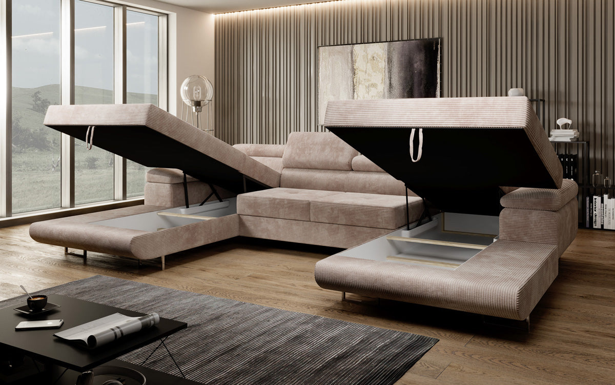 Canapé designer Calvera U avec fonction couchage et rabattable en Côtelé
