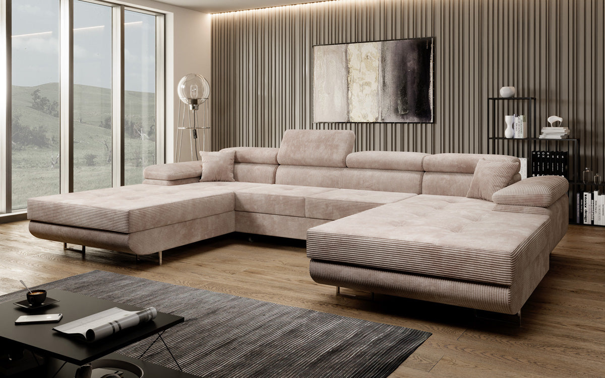 Canapé designer Calvera U avec fonction couchage et rabattable en Côtelé