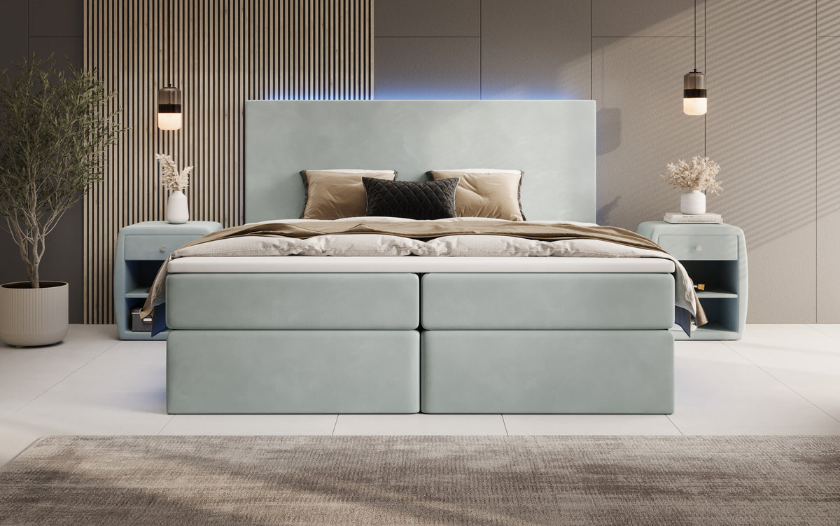 Boxspringbed Voyage met LED en opbergruimte in Fluweel