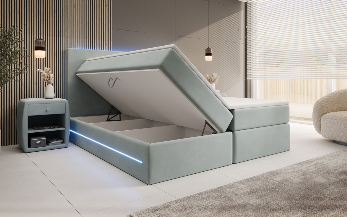 Boxspringbed Voyage met LED en opbergruimte in Fluweel
