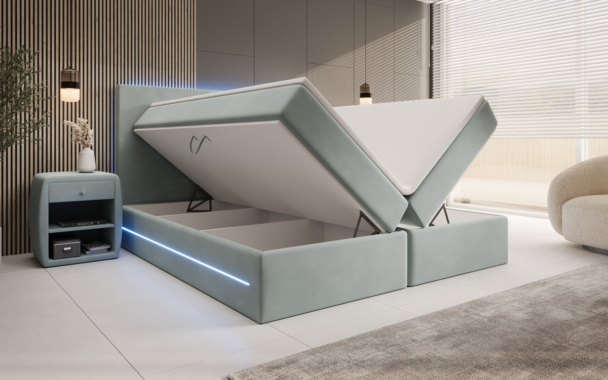 Boxspringbed Voyage met LED en opbergruimte in Fluweel