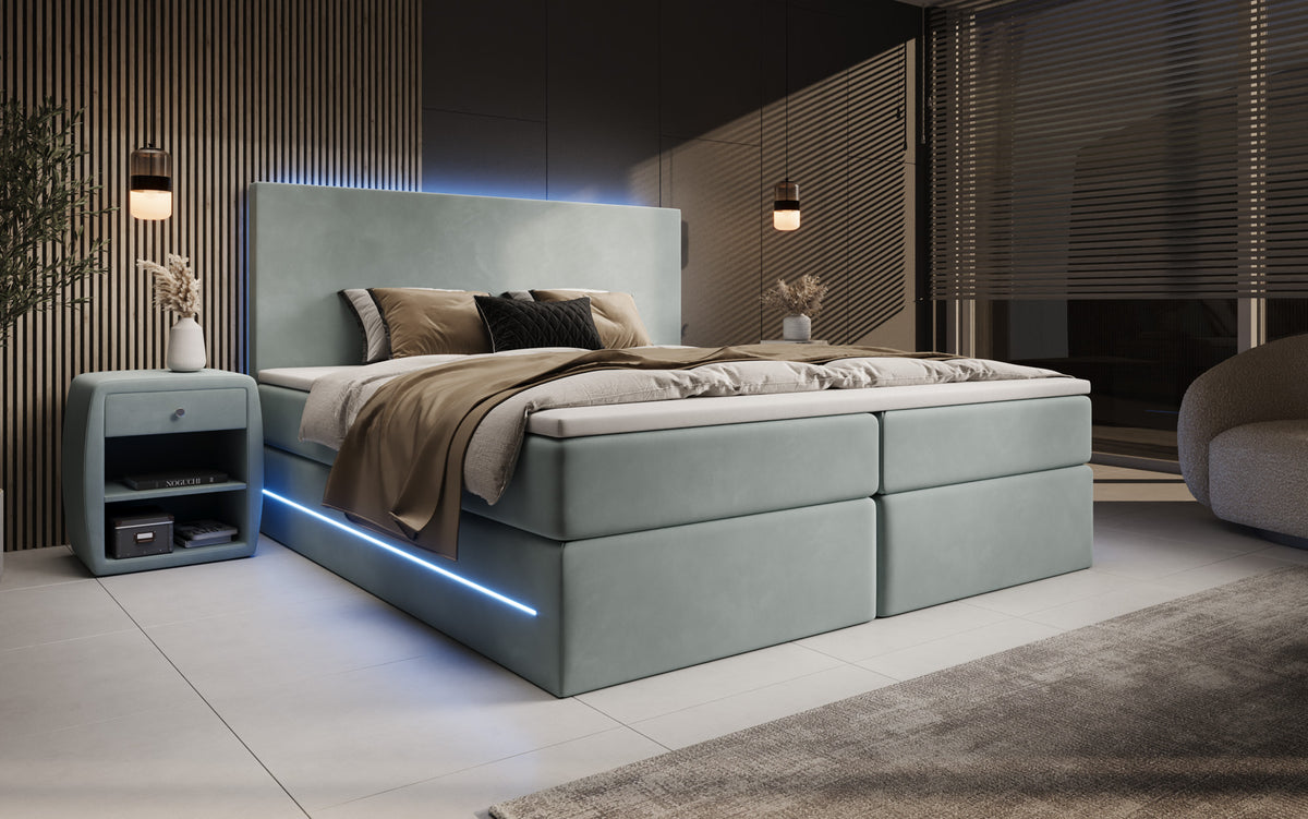 Boxspringbed Voyage met LED en opbergruimte in Fluweel