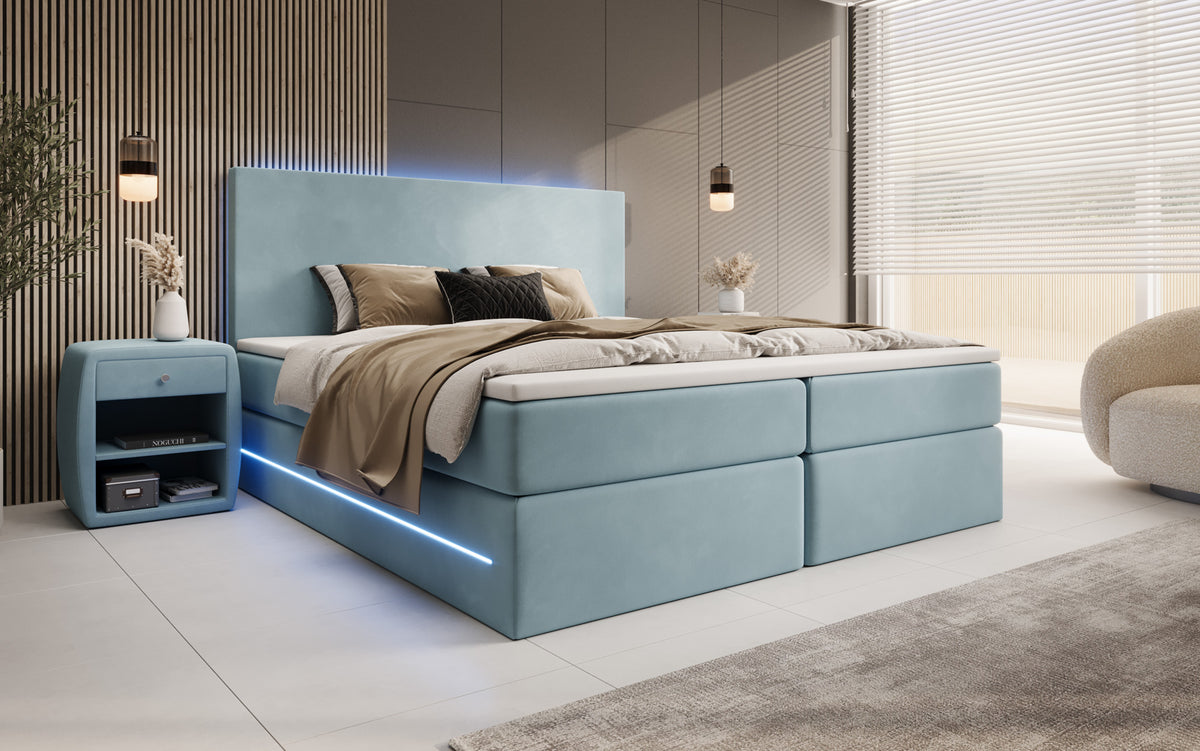 Boxspringbed Voyage met LED en opbergruimte in Fluweel