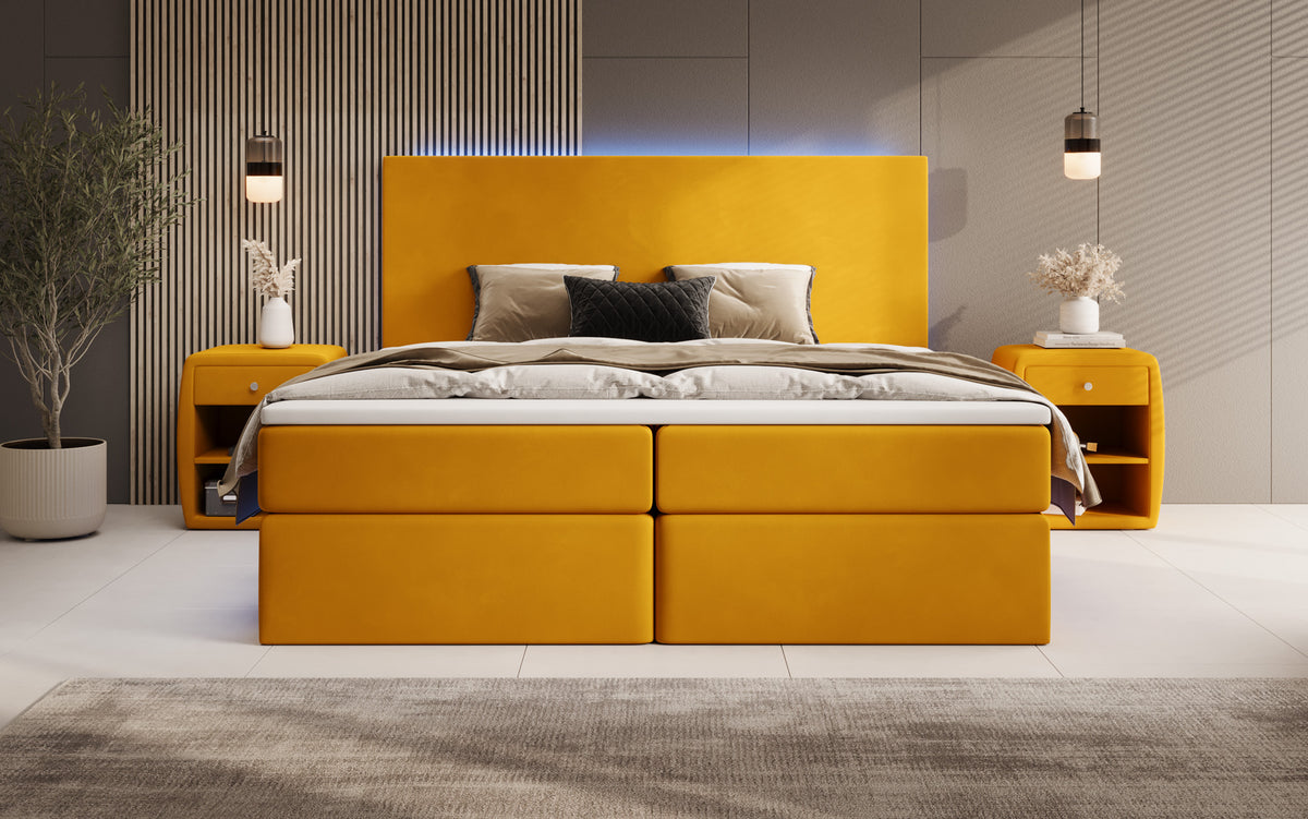 Boxspringbed Voyage met LED en opbergruimte in Fluweel