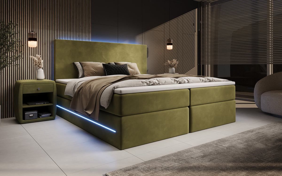 Boxspringbed Voyage met LED en opbergruimte in Fluweel