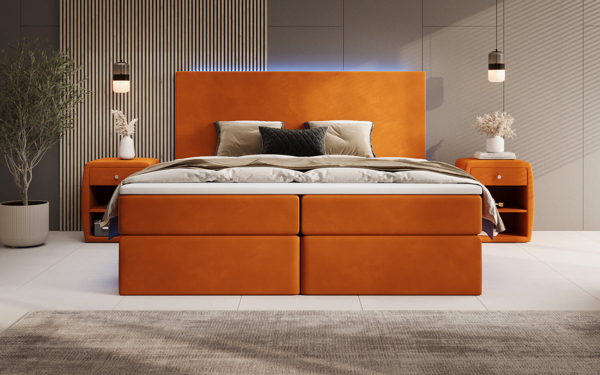 Boxspringbed Voyage met LED en opbergruimte in Fluweel