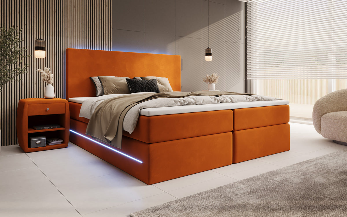 Boxspringbed Voyage met LED en opbergruimte in Fluweel