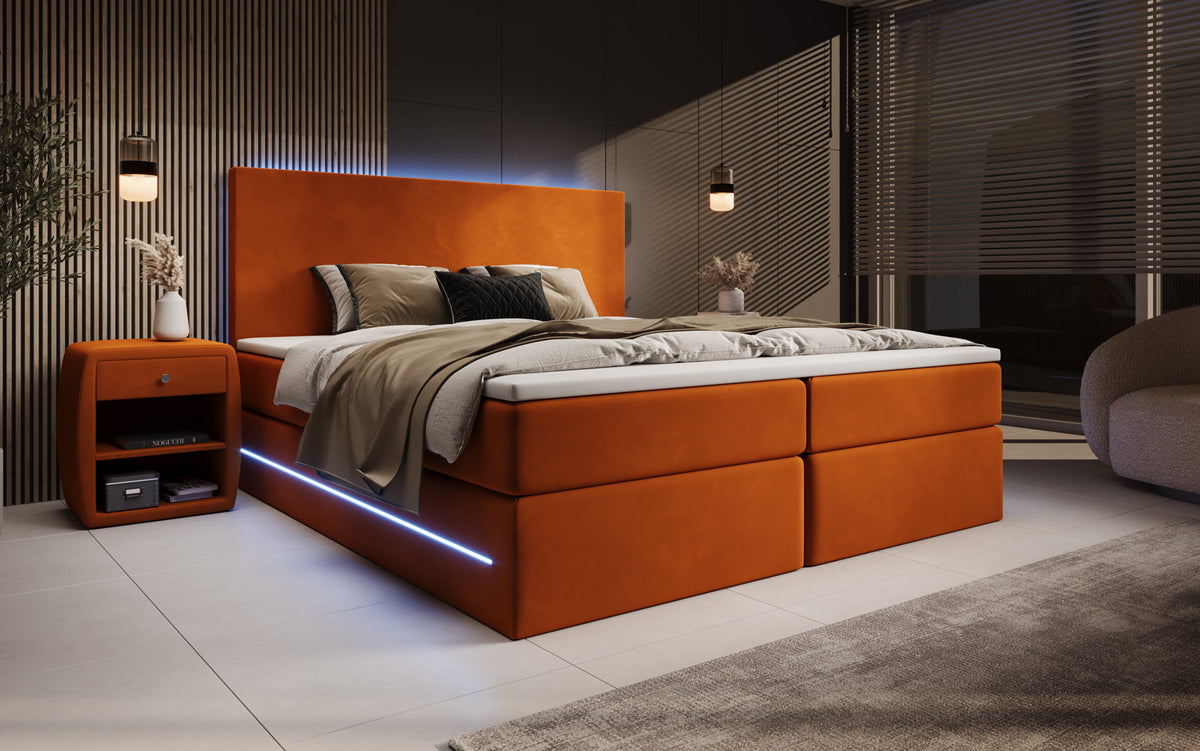 Boxspringbed Voyage met LED en opbergruimte in Fluweel