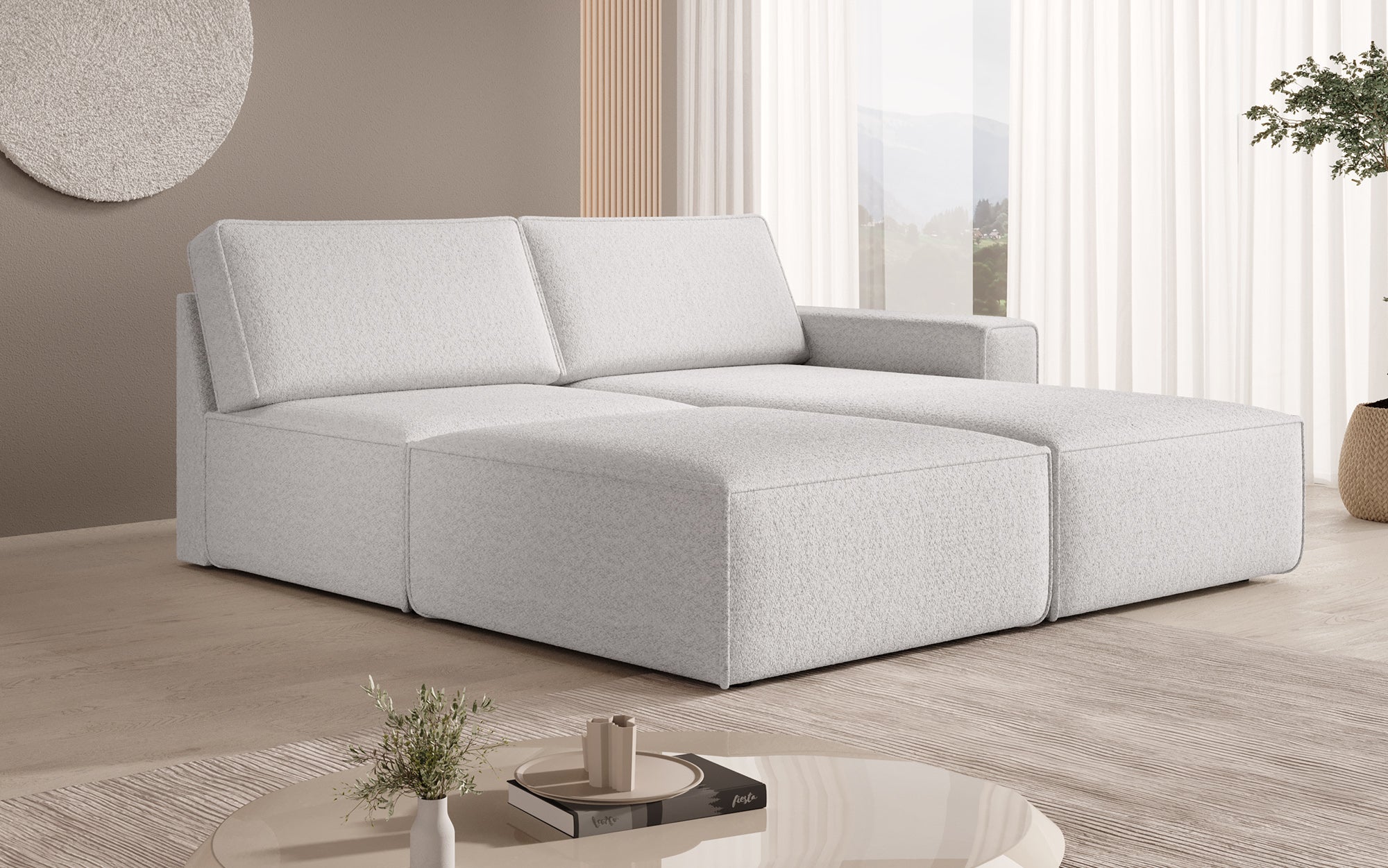 Canapé d'angle modulaire Yuma avec pouf en Bouclé