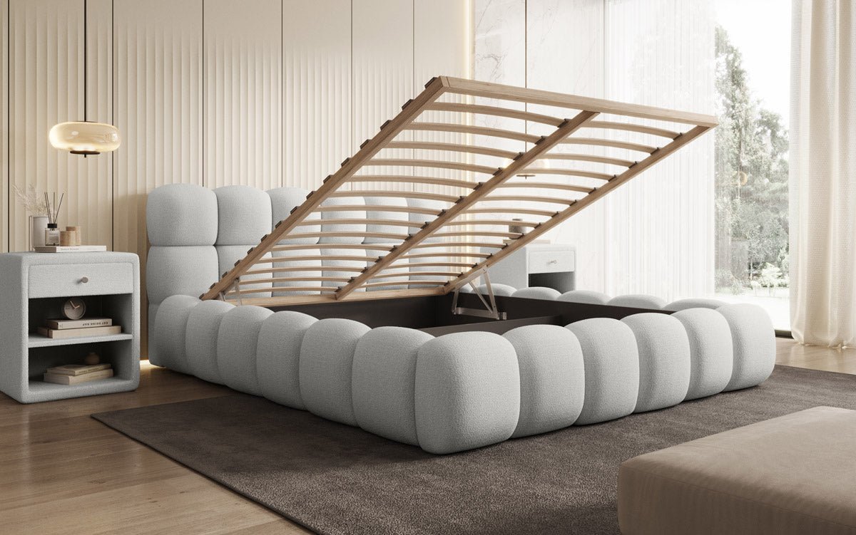 Designer gestoffeerd bed Boston Bouclé met opbergruimte