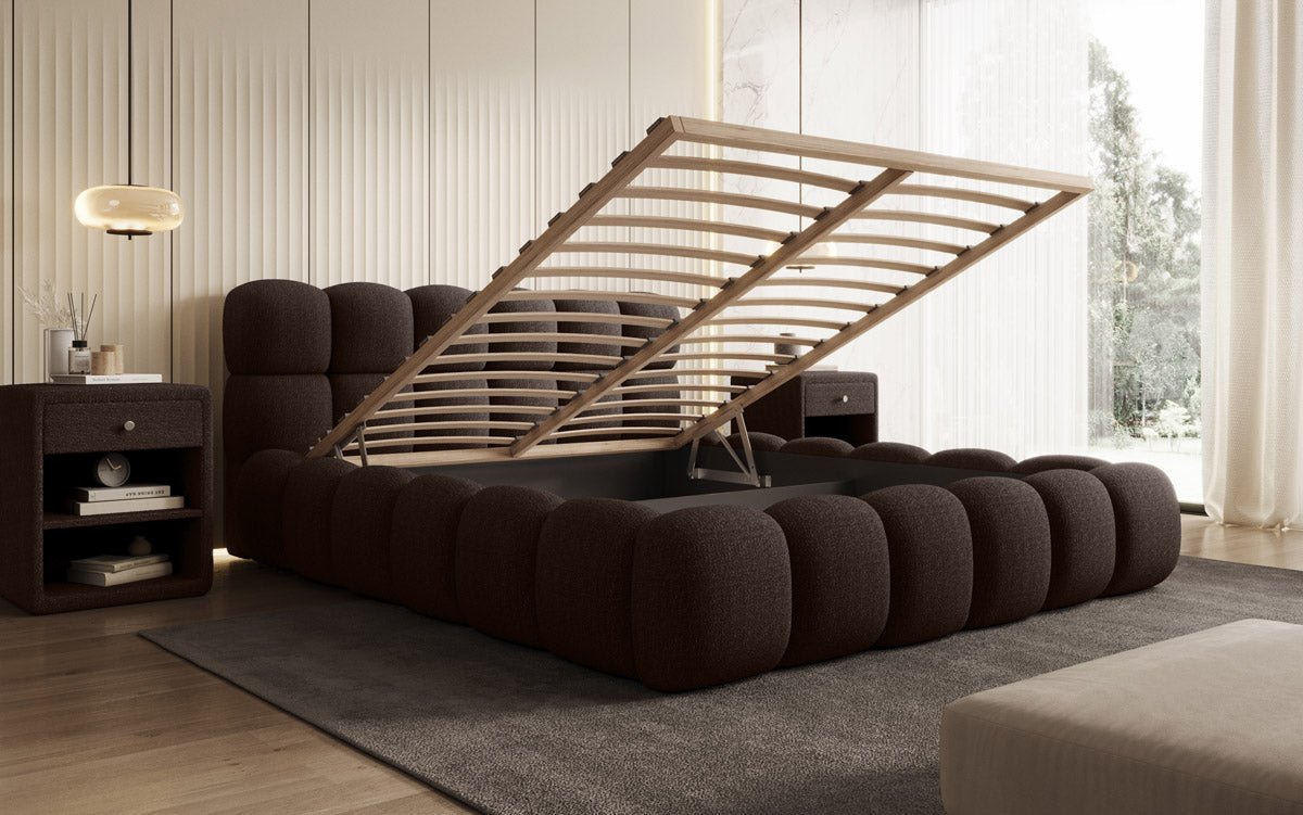 Designer gestoffeerd bed Boston Bouclé met opbergruimte