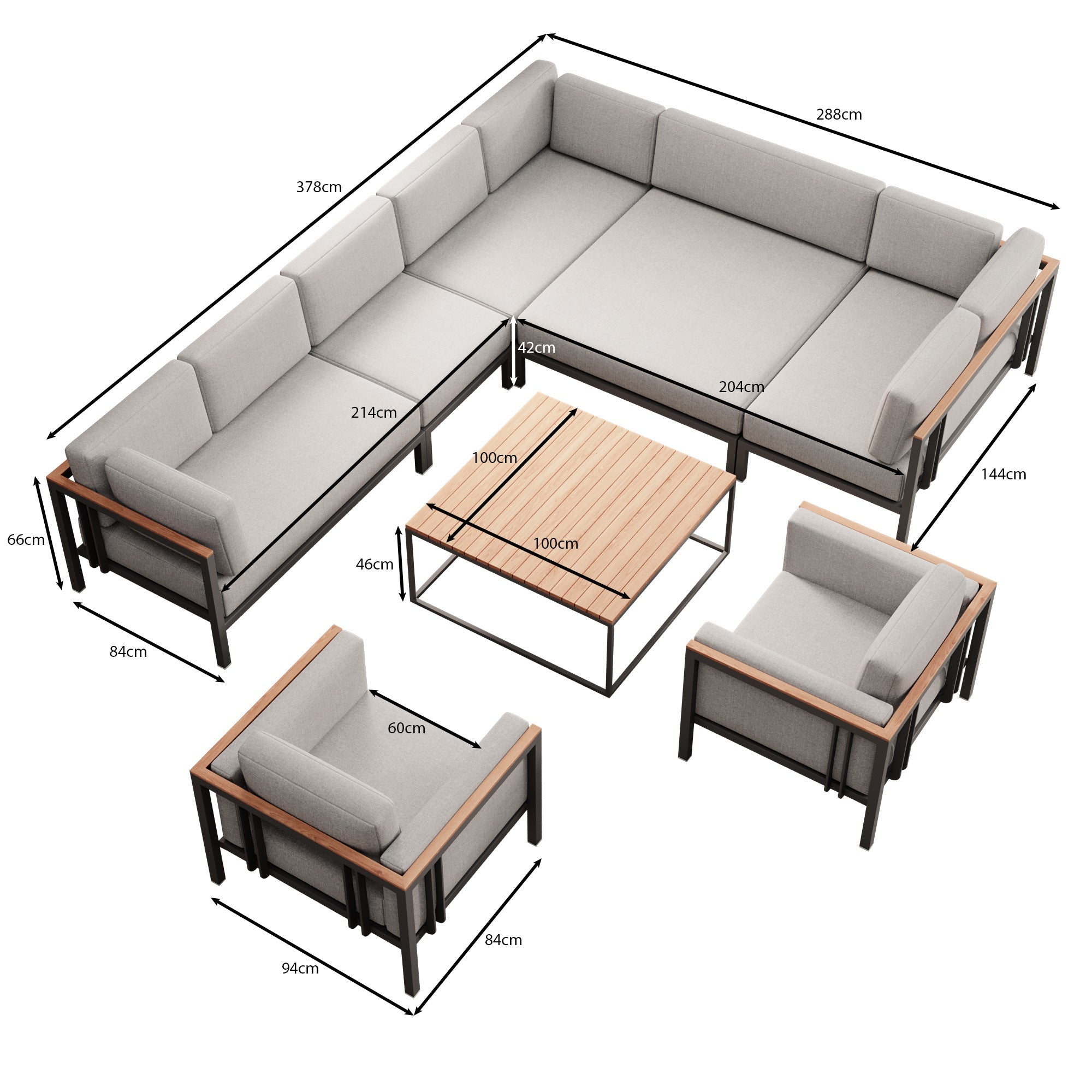 Euphoria – Ecklounge et 2 fauteuils lounge avec table en aluminium | Collection Aevora™