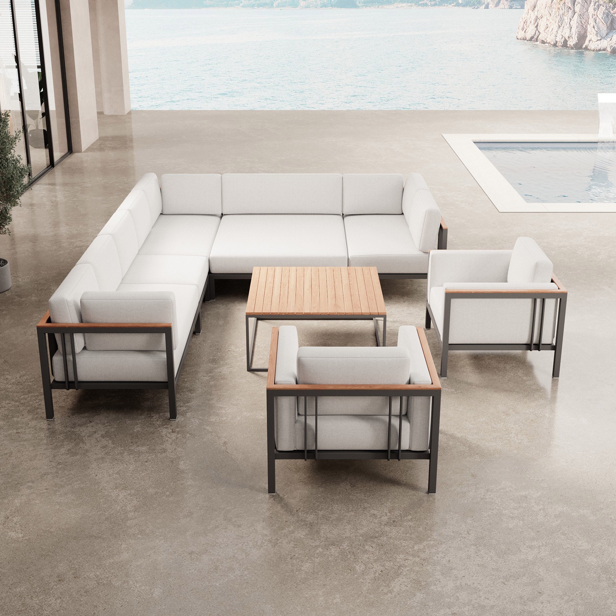 Euphoria – Ecklounge et 2 fauteuils lounge avec table en aluminium | Collection Aevora™