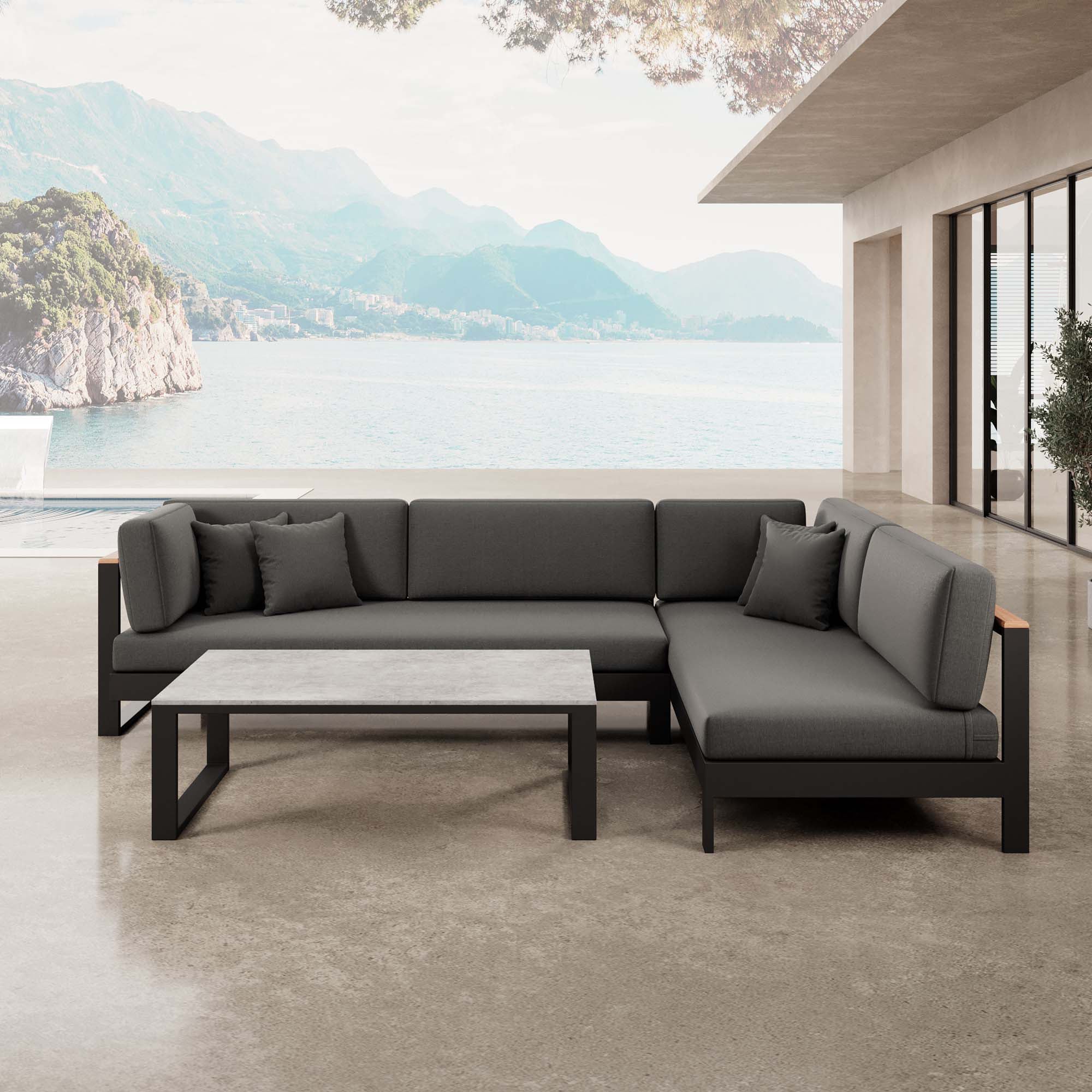 Vayla – Salon d'angle, canapé d'angle et table en aluminium noir | Collection Aevora™