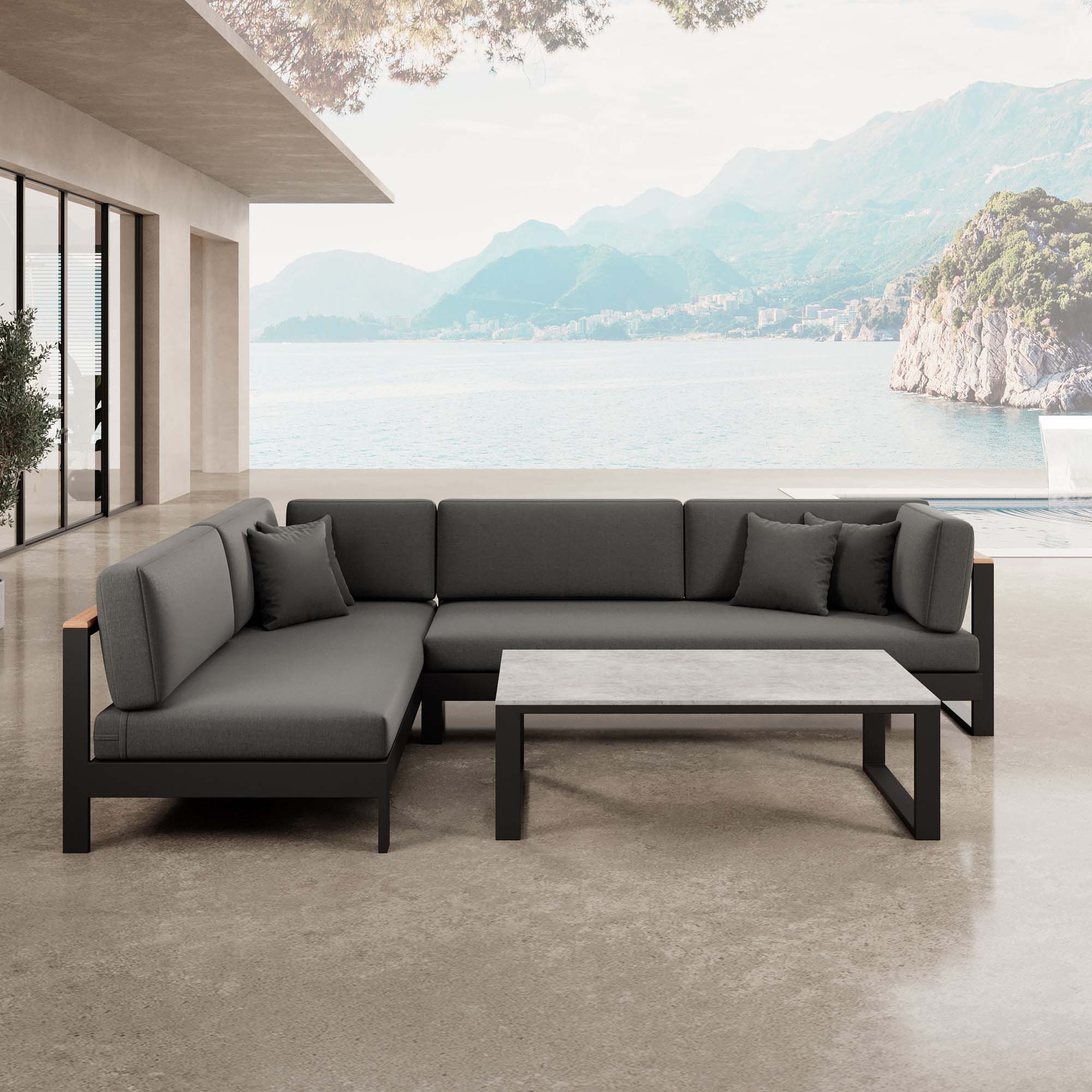 Vayla – Salon d'angle, canapé d'angle et table en aluminium noir | Collection Aevora™