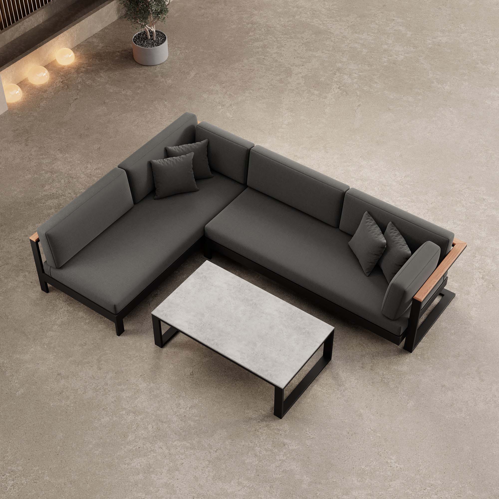 Vayla – Salon d'angle, canapé d'angle et table en aluminium noir | Collection Aevora™