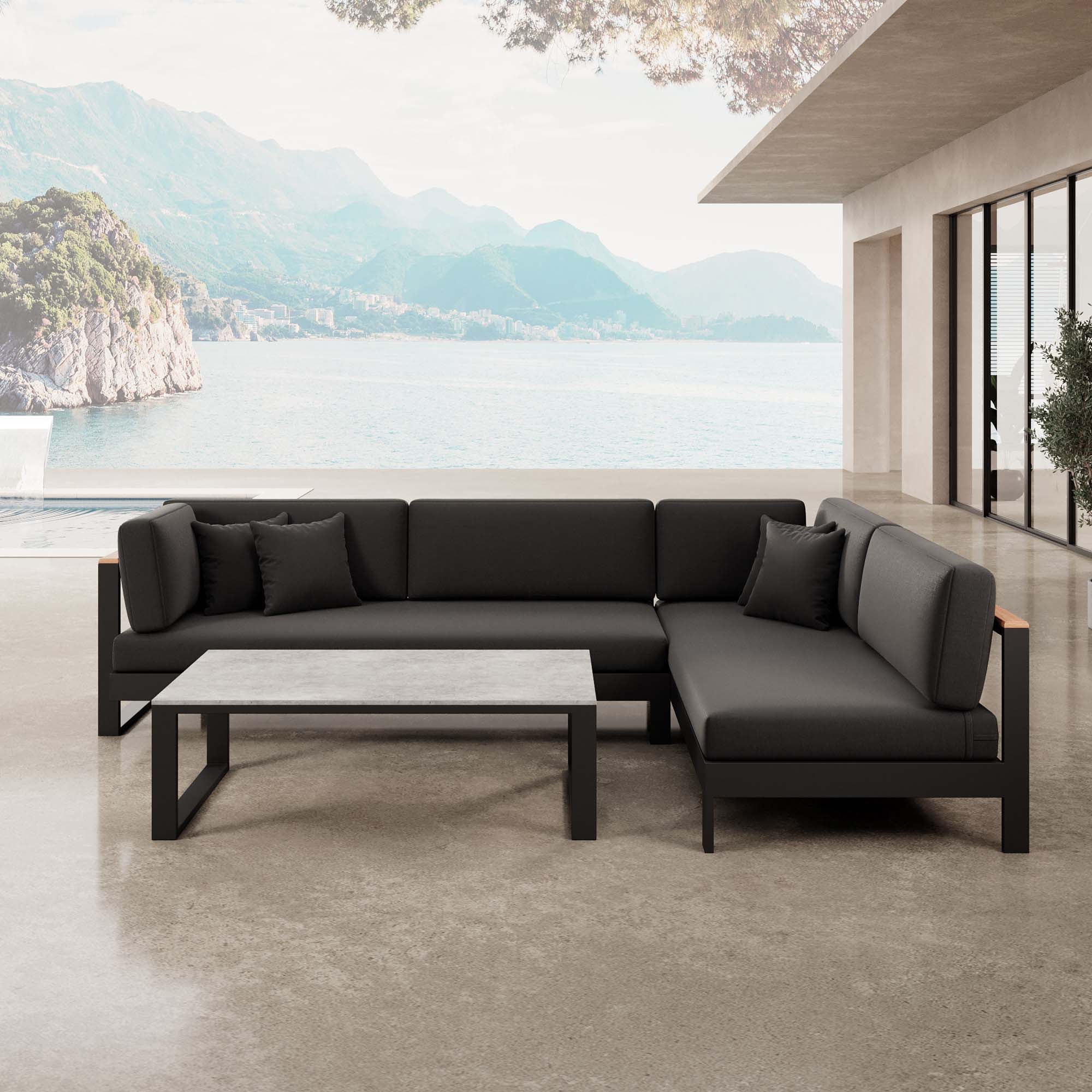 Vayla – Salon d'angle, canapé d'angle et table en aluminium noir | Collection Aevora™