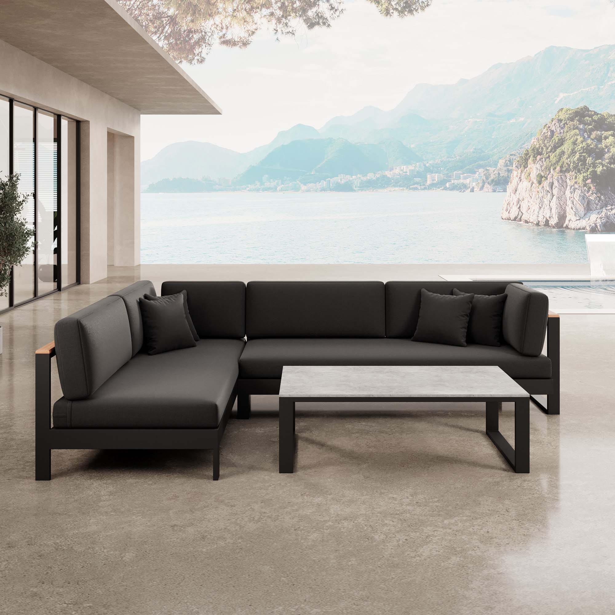 Vayla – Salon d'angle, canapé d'angle et table en aluminium noir | Collection Aevora™