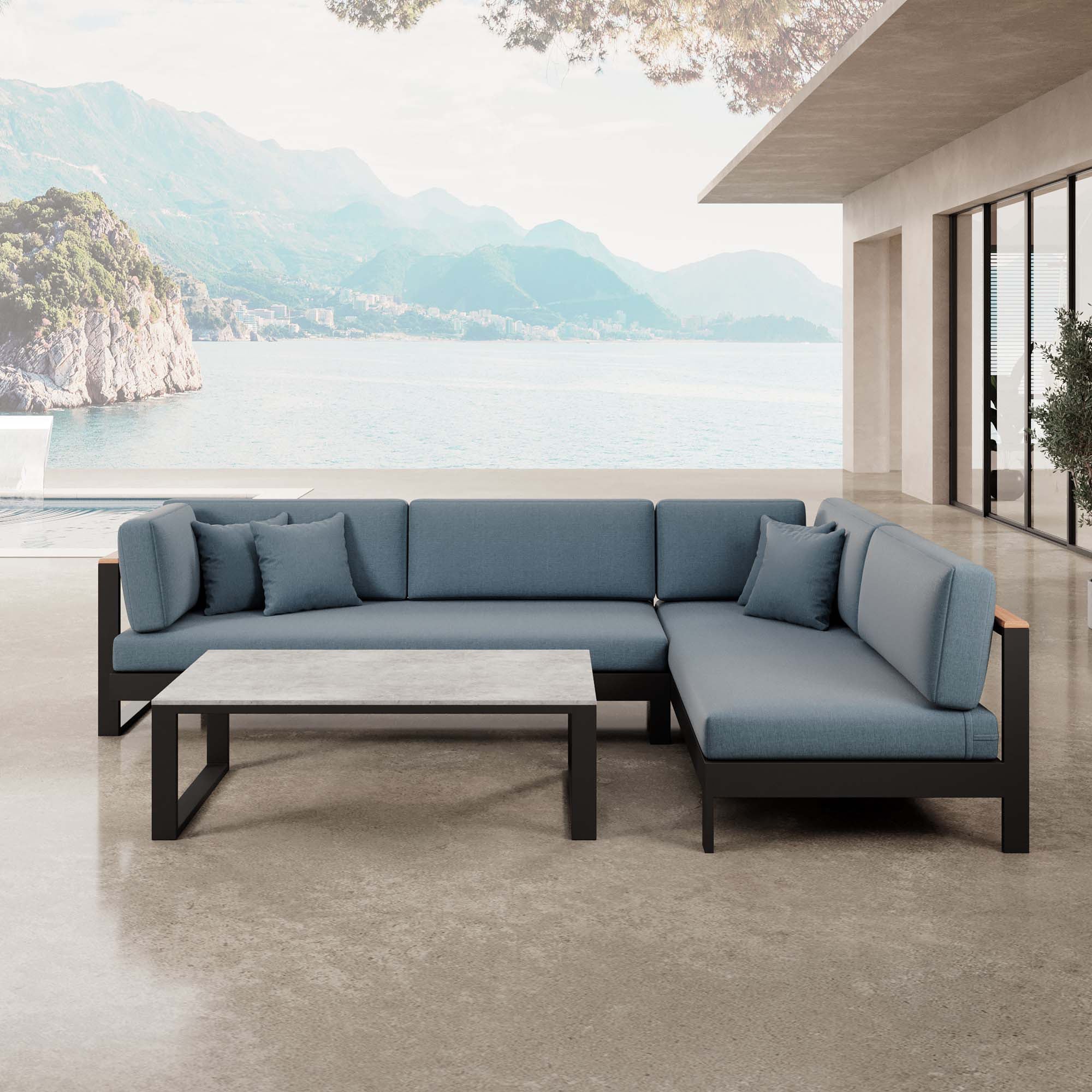 Vayla – Salon d'angle, canapé d'angle et table en aluminium noir | Collection Aevora™