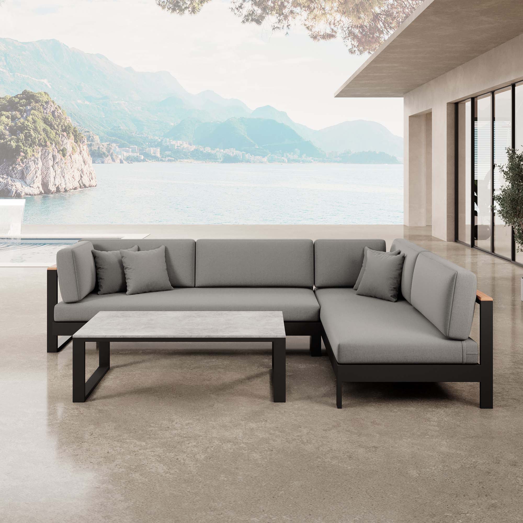 Vayla – Salon d'angle, canapé d'angle et table en aluminium noir | Collection Aevora™