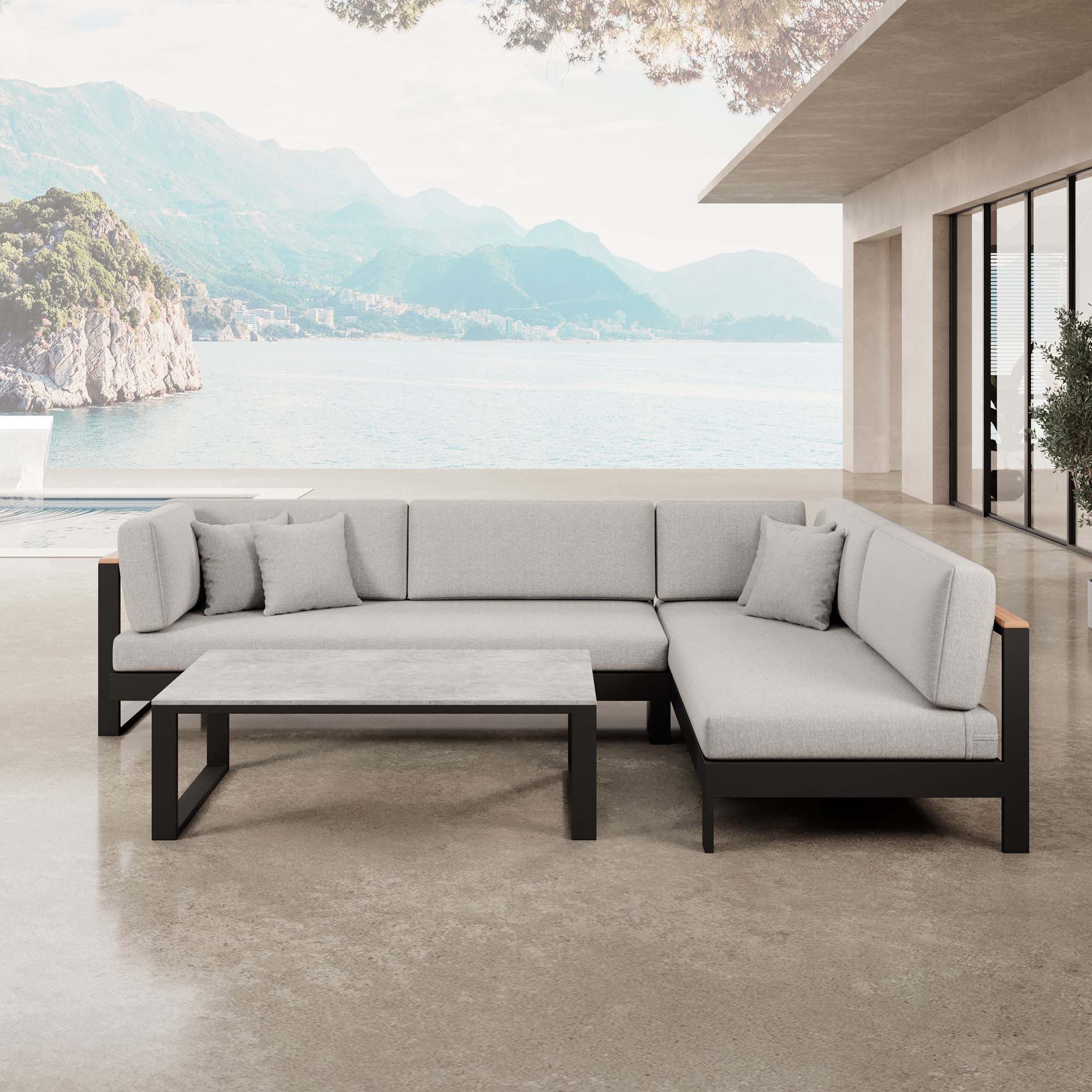 Vayla – Salon d'angle, canapé d'angle et table en aluminium noir | Collection Aevora™